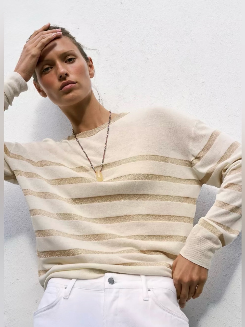Zara Cream Striped Crew Neck Sweater with Metallic Accents XL NWT